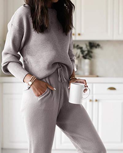 Eurivicy Women's Fall Rib Knit 2 Piece Outfit sets Long Sleeve Pullover Sweater Top and Drawstring Long Pants with Pockets4