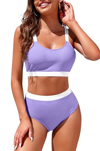 Image of Womens High Waisted Bikini Sets Sporty Crop Top Color Block Swimwear Bandeau Scoop Neck Vintage Two Piece Bathing Suits