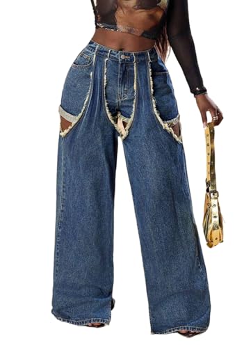 Women's Baggy Y2k Ripped Denim Pants High Waist Cutout Patchwork Boyfriend Wide Leg Jeans Stretchy Cargo Pants Streetwear