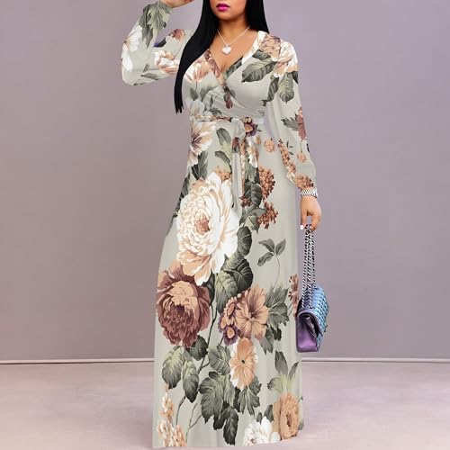 Image of Women Plus Size Long Sleeve V Neck Maxi Dress with Belt | Soft fabric relaxed fit three quarter sleeve v neck with pockets for party and daily wear