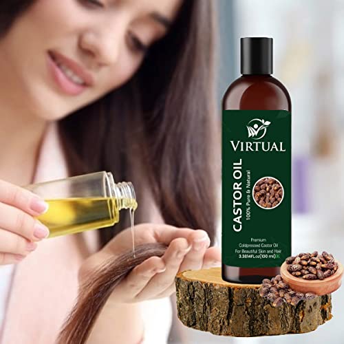 Image of VIRTUAL 100% Pure Castor Oil For Stronger Hair, Skin Care, Moisturising Dry Skin, Eyelash & Nails Cold Pressed Oil With No Mineral & Silicones (180ml)