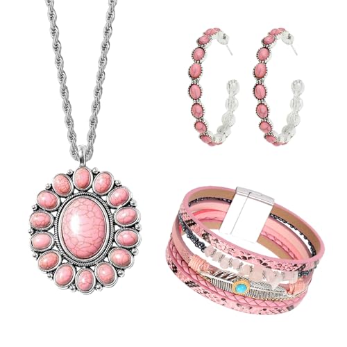 MJartoria Native American Bohemian Feather Charm Handmade Pendant Necklace Pink Jewelry Set