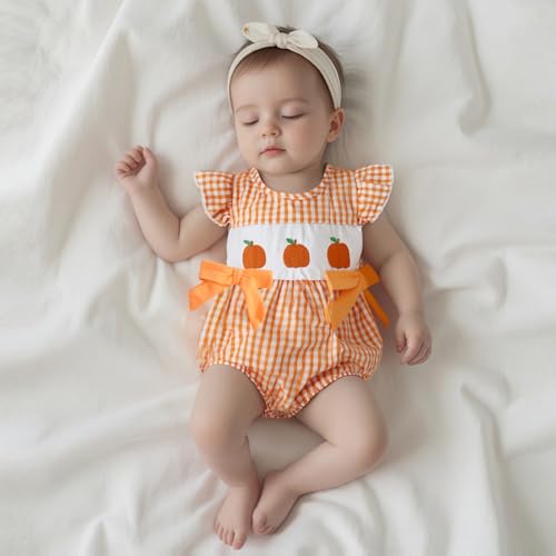 My First Halloween Baby Girl Outfit Newborn Pumpkin Patch Romper Short Sleeve Doll Collar Smocked Plaid Bubble Romper4