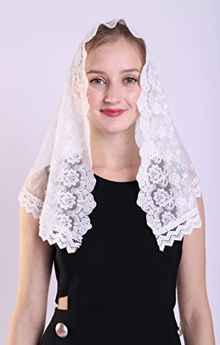 Grettytling Chapel Veil Embroidered Lace Mantilla Veil Head Covering Veils for Church，White - Thumbnail 3