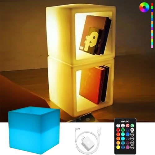 Mr.Go 16-inch SEMI-Storage LED Light Cube, Rechargeable LED Light Storage Cube, 16 RGB Color Changing Glowing Cube Cabinet Container End Table Ice Bucket Flower Pot Planter