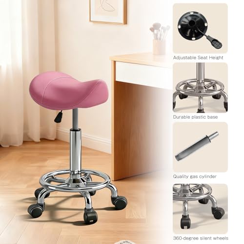 Image of Saddle Stool with Wheels, Adjustable Rolling Stool Chair with Back Support, Ergonomic PU Leather Saddle Chair for Salon, Massage, Tattoo, Medical, Spa, Office (Pink, 1PCS)