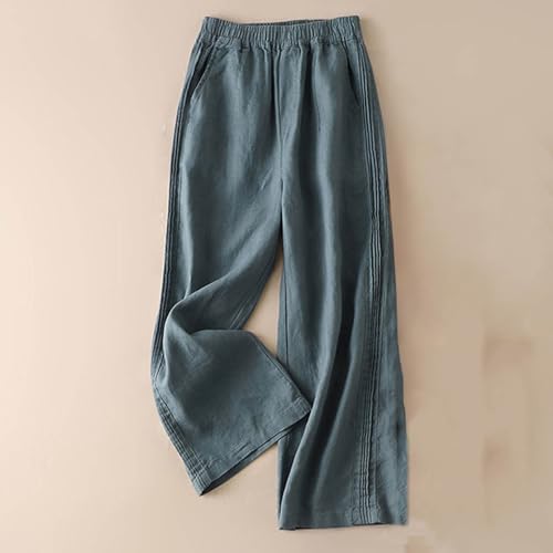Women's Casual Cotton Linen Pants Lightweight Elastic Waist Long Pants Relax Fit Straight Leg Lounge Trousers Pocket2