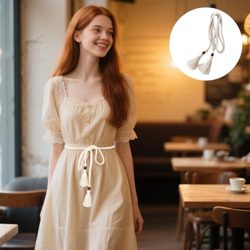 Gürtel Geflochten Damen,150cm Gürtel für Kleid,Quaste Baumwollkordel Geknoteter Taillengürtel Weiß,Boho Taillengürtel,Seilkette Dünner Bindegürtel für Röcke T-Shirts Hemden,Mode Rockgürte für Damen