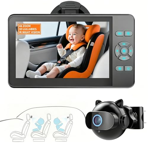 Baby Car Camera,HD Display Baby Car Mirror with Night Vision Feature,10 Lullabies,4.3' Wireless Baby Car Camera Wide Clear View,Reusable Sucker Bracket Easily Install for Infant Toddler