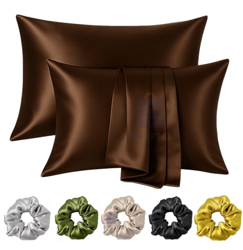 Image of Satin Pillow Covers for Hair and Skin Set of 2 with 5 Scrunchies I Satin Pillow case I Silk Pillow Cover I Silk Pillow case I Women Gift Items (Coffee)