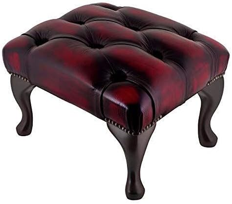 Chesterfield Footstool Antique Oxblood Red Leather Queen Anne Legs