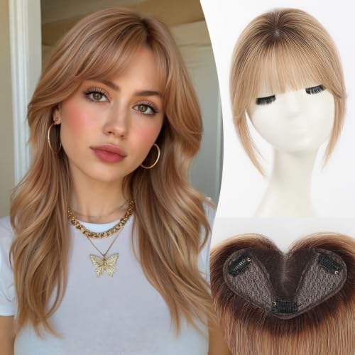 Human Hair Toppers for Women 8 Inch Real Human Hair Topper with Bangs,5"x3" Upgrade SilkHug Swiss Base Gray Root Coverage &amp; Thinning Hair（Light BrownT4/10/6#）
