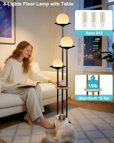 Image of Lightdot Globe Floor Lamp with Shelf 3-Lights Modern Dimmable Floor Lamps 3000K Warm White Bulbs Included Black Tall Standing Lamp with 5Lbs Heavy Base for Living Room /Bedroom /Sofa Beside /Corner Decor
