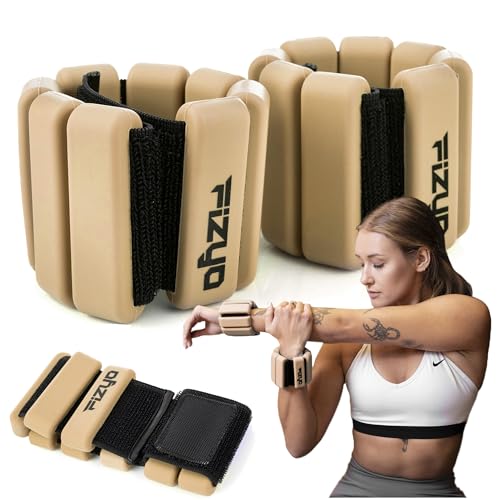 Fizyo Juego de 2 pesas de tobillo y muñeca ajustables de silicona (0,9 kg) - Perfecto para fitness, correr, yoga, pilates, rehabilitación, piscina de manos, para mujeres, hombres (beige)