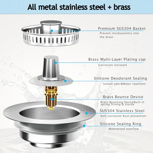 image for CARUUYI 3-in-1 Kitchen Sink Drain Strainer Stopper, Upgraded Stainless