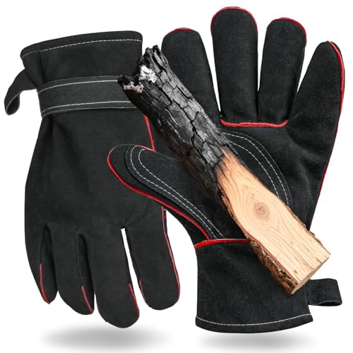 Mellbree Heat Resistant Gloves Full Leather Gloves for BBQ Pizza Oven & Fire Pit Heavy Duty Gloves for Wood Burners Multi-Fuel Stoves Outdoor Cooking & Camping