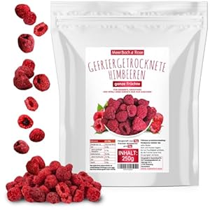 Meerbach & Rose Himbeeren gefriergetrocknet, KEINE Chinaware, 250g gefriergetrocknete ganze Früchte, frei von Zusatzstoffen, fruchtig, in Deutschland hergestellt