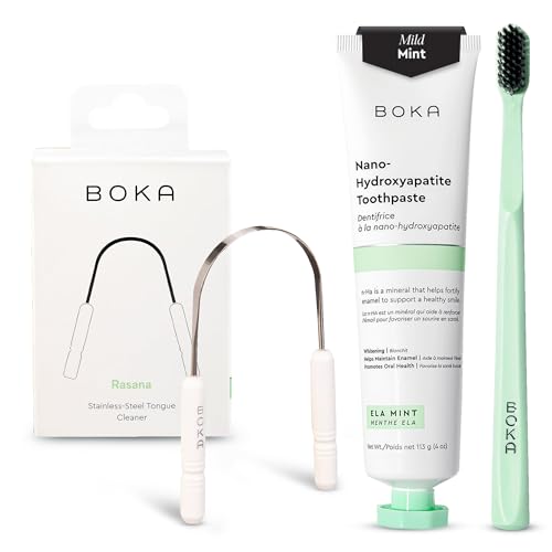 Boka Fluoride Free Toothpaste - Nano Hydroxyapatite - Ela Mint 4oz, Classic Manual Toothbrush, Mint and Tongue Scraper for Adults & Kids with Case