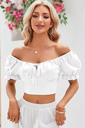 Womens Puff Short Sleeve Crop Tops Square Neck Ruched Front Bow Tie Shirts Cute Summer Vocation Beach Blouse3