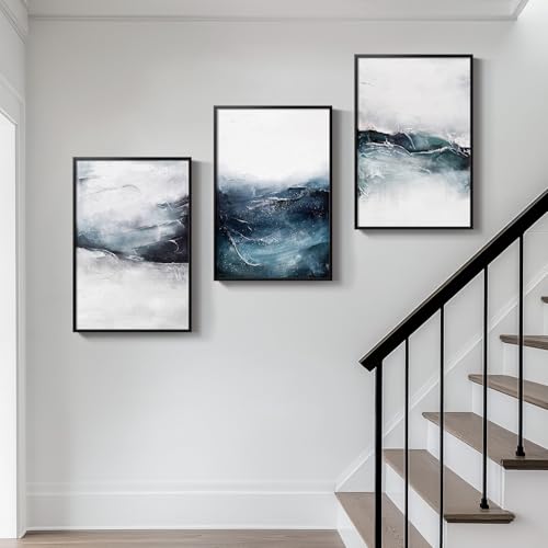 Framed Abstract Ocean Wall Art, Large 3 Piece Canvas Print Set for Living Room, Ink Blue Seascape Artwork for Bedroom, Ocean Wave Painting Pictures Wall Decor for Home Office Dining Room 16x24 Inch - Image 5