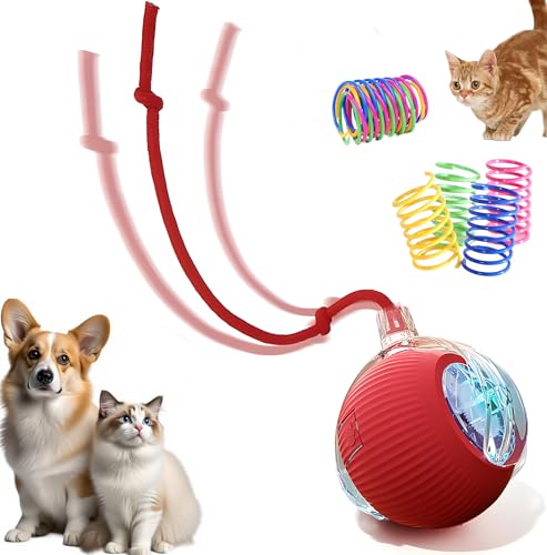 Interactive Cat Toys Ball - 2025 New Gen with 360° Auto-Rotation Smart Obstacle Avoidance & Auto Wake-Up,Includes 1 Speedy Tail 2.0 Ropes, Ideal Kitten Toys for Bored Indoor Cats (Red)