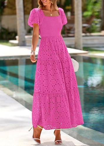 Image of PRETTYGARDEN Summer Dresses for Women 2026 Eyelet Square Neck Puff Sleeve Smocked Wedding Guest Maxi Dress with Pockets