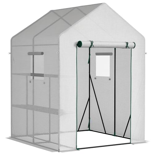 Outsunny Invernadero de Jardín 143x143x195 cm Vivero Casero de Acero con 4 Estantes Puerta y 2 Ventanas Enrollables para Cultivos Plantas Macetas Flores Patio Exterior Blanco