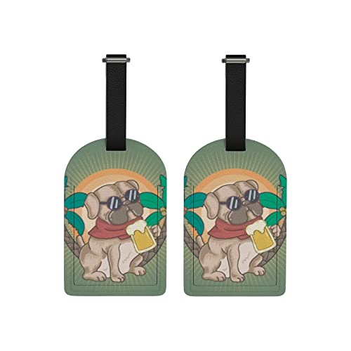 Luggage Id Tags For Travel 2 Pack,Pug Dog Summer Tree Suitcase Tags With Privacy Cover,Pu Leather Travel Bag Tags For Baggage Holiday,4.5X2.75 Inch #TOP7