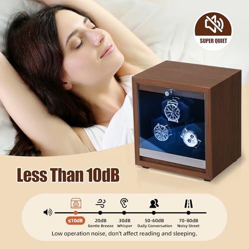 Wooden Watch Winder for Automatic Watches with Quiet Motor & LED Light for Men & Women