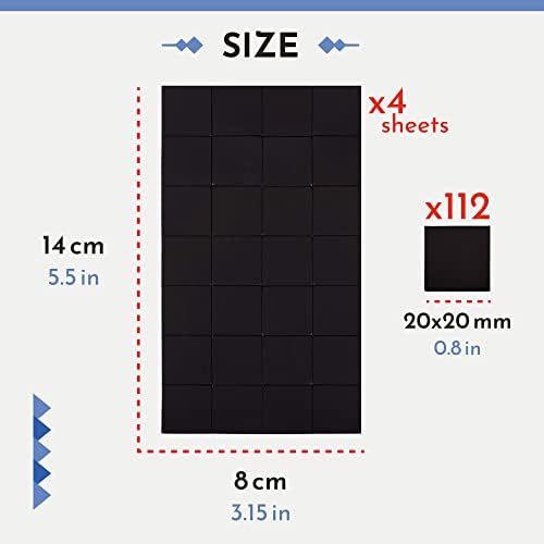 WINTEX Self Adhesive Magnetic Strips - 112 Pcs Black Displate Strong Sticky Wall Magnets - 20x20x1.2 mm Stick On Magnet Strip for School & Office