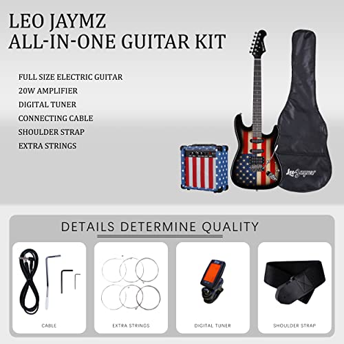 Leo Jaymz 39 Inch Full Size Electric Guitar Kit Electric Guitar Beginner Kits - 20W Amplifier，Digital Tuner，Carring Bag，Shoulder Strap,Connecting Cable (Us Flag) #TOP1