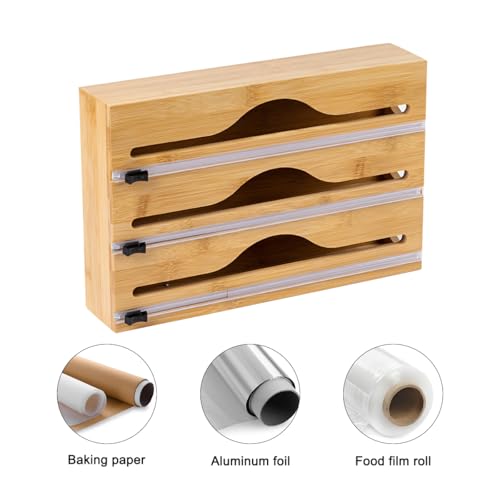 Plastic Wrap Dispenser With Cutter, Cling Film Wooden Organizer with Cutter, Bamboo Wood Cling Food Wrap Dispenser, Kitchen Drawer Organizer, Cuts Plastic Wrap, Parchment Paper, Baking Paper
