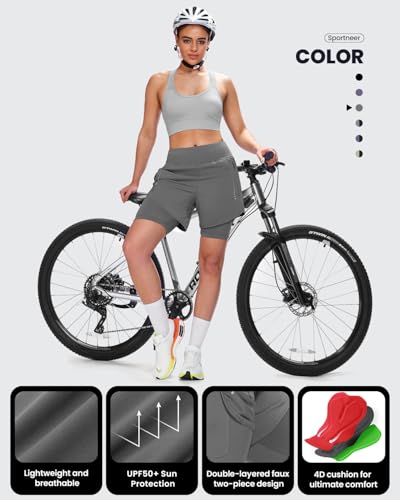 Sportneer Radlerhose Damen Gepolstert mit Tasche MTB Radlerhose Damen Gepolsterte Radhose Damen Radlerhose Mountainbike Radsport Sport Radfahren Outdoor