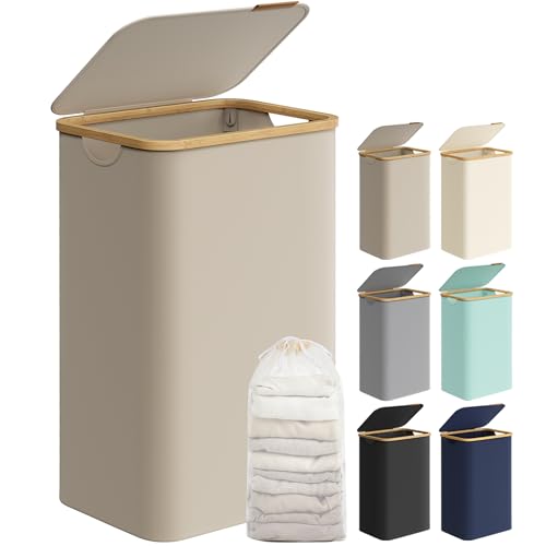 SONGMICS Wäschekorb mit Deckel, Wäschesammler 90 L, herausnehmbarer Wäschesack, Oxford-Gewebe, Griffe aus Bambus, zusammenklappbar, 42 x 32 x 70,5...