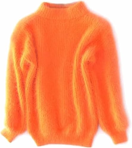 Suéter cálido Suelto de Mezcla de Cachemira de Invierno para Mujer, suéter Suelto de Punto con Cuello Redondo de Color sólido, suéter de Cuello Alto de Lana Gruesa Informal (Talla única,Naranja)