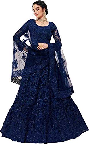 Mahadev Fashion Women's Net Embroidered B4U Lehenga Choli Full Sleeve Mandarin/Chinese Neck Wedding & Festive::Party & Festive::Wedding Lehenga Choli (Blue)