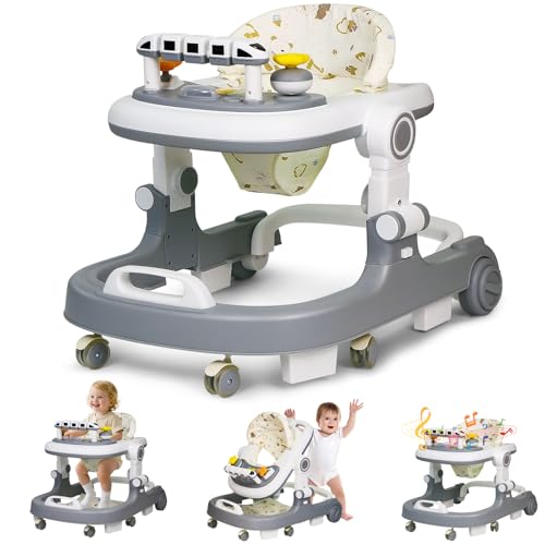 Image of Baby Walker with Wheels, 4 in 1 Foldable Baby Walkers for Boys Girls 6-18 Months, 3 Level Height Adjustment with Bouncing, Feeding Tray & Music, Baby Walker with Activity Center, Toddler Push Walker