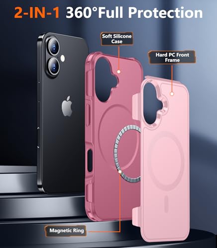 Coque iPhone 16 Magsafe antichoc de qualité militaire rose pour 6.1"