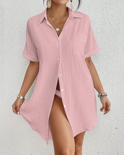 Image of Bsubseach Women Swimsuit Coverup Shirt Dress Button Down Bathing Suit Cover Up Beach Vacation Outfits