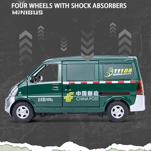 Image of 1:24 Scale Multicolor Wuling Postal Van Toy Car | Metal Pullback Diecast Truck with Openable Doors, Sound, Light Effects for Kids and Car Enthusiasts