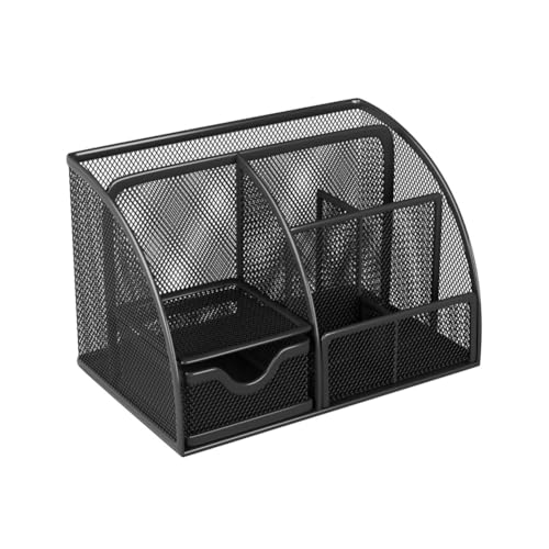 Xnuiasqe Organizador de Escritorio, Portalápices de 6 Compartimentos y Organizador, 1 Cajón, Organizador de Escritorio de Rejilla de Metal Negro