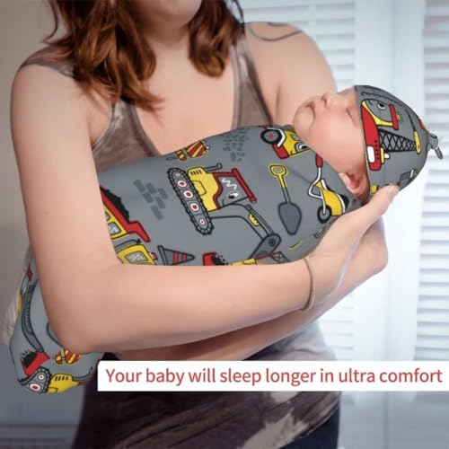 Image of Cute Construction Truck Newborn Swaddling Blanket Beanie Hat Sets Soft Baby Receiving Engineering Vehicle Blanket Soft Sleeping Bag New Born Soft Sleep Sacks for Boys Girls