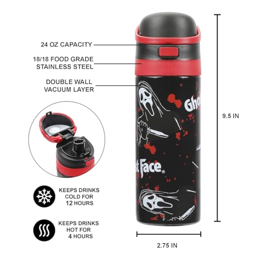 Image of Ghostface Mask & Blood Splatter All-Over Print Black 24 Oz Stainless Steel Water Bottle