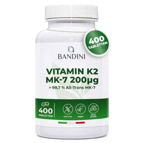 Bandini Vitamin K2 MK-7 200g (mcg) VEGAN | 400 Mikrotabletten | K2 rein natürliches Menachinon 7 | All-trans Gehalt >99 7% Vitamin K 2 | Blut- und Knochengerinnung | 1 Tablette pro Tag für 1 Jahr