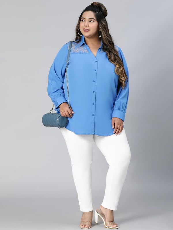 Image of oxolloxo Women Plus Size lace Detailed Collared Long Sleeve Shirt