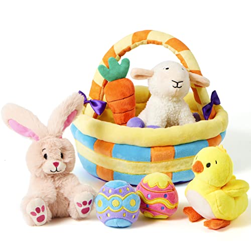 JOYIN 7 Pièces Panier de Pâques en Peluche Ensemble de Jeu Panier de Pâques Jouets de Farce pour Les Fêtes de Pâques Panier de Pâques en Peluche pour Bébés, Tout...