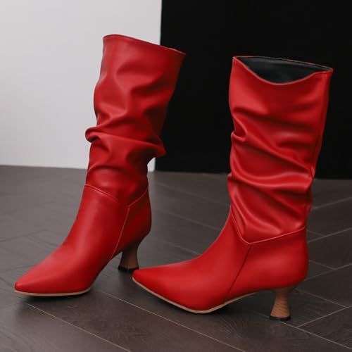 DINTAHA Low Kitten Heel Boots Pointed Toe Mid Calf Boots for Women Low Heel Slouch Fall Boots Women3