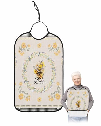 LEOKOTI Summer Bee Adult Bibs for Eating, Waterproof Bibs with Food Catcher & Adjustable Snap Closure, Watercolor Floral Black Plaid Rustic Washable Clothing Protectors Adult Bibs for Elderly