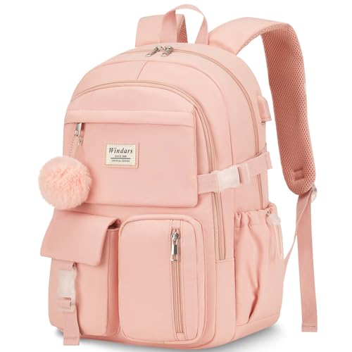 WINDARS Mochila para meninas adolescentes, mochila para laptop, linda mochila infantil para estudantes do ensino médio, bolsa escolar grande, rosa, 15.6 inch