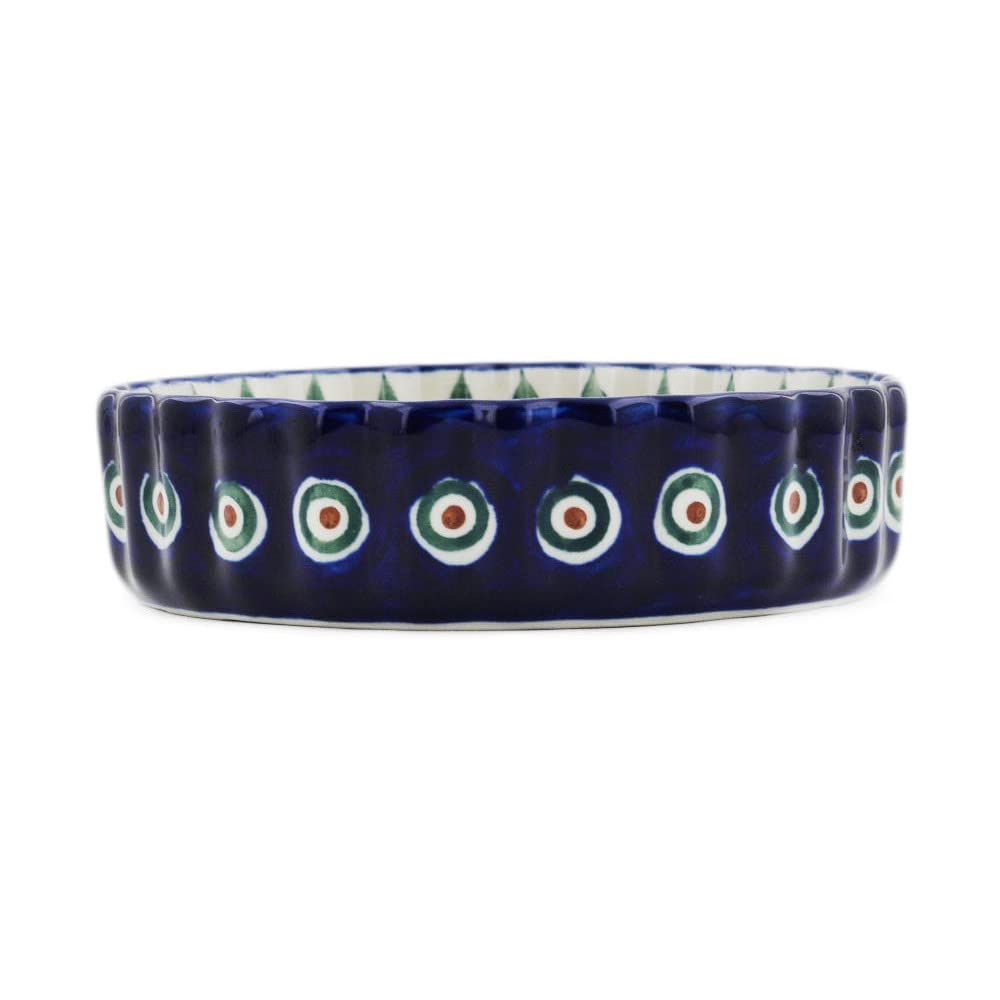 Authentic Polish Pottery Fluted Pie Dish in Peacock Leaves Design Handmade in Boles?awiec Poland by Ceramika Artystyczna + Certificate of Authenticity